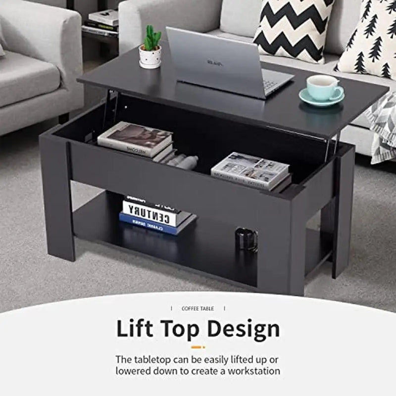 Modern Lift Top Coffee Table Hidden Compartment Storage Shelf Wooden Living Room Office P2 MDF 39"x28"x24" Black