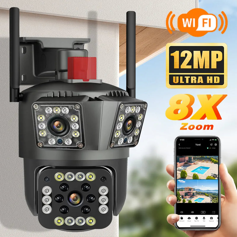 HD 8MP PTZ WiFi 4K Dual Lens Screen Camera 6K 12MP Three Screens Security Protection Motion Detection Outdoor IP CCTV Survalance