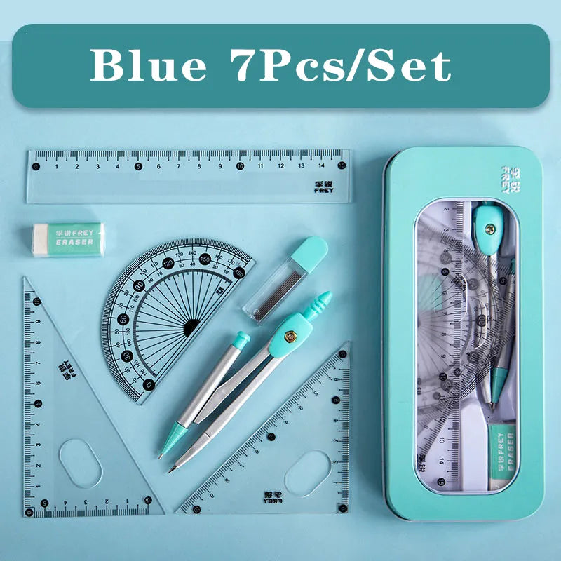 Math Set, 8 PCS Geometry Sets,Pencil And Compass Set With Ruler Protractor Eraser And 8 Sheets Stickers,for School Students Maths Teaching And Learning Drawing Kids Stationery Gifts(Random Color