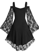 Goth Dark Gothic Aesthetic Vintage Women Dresses Grunge Lace Patchwork Flare Sleeve Black A-line Dress Punk Partywear