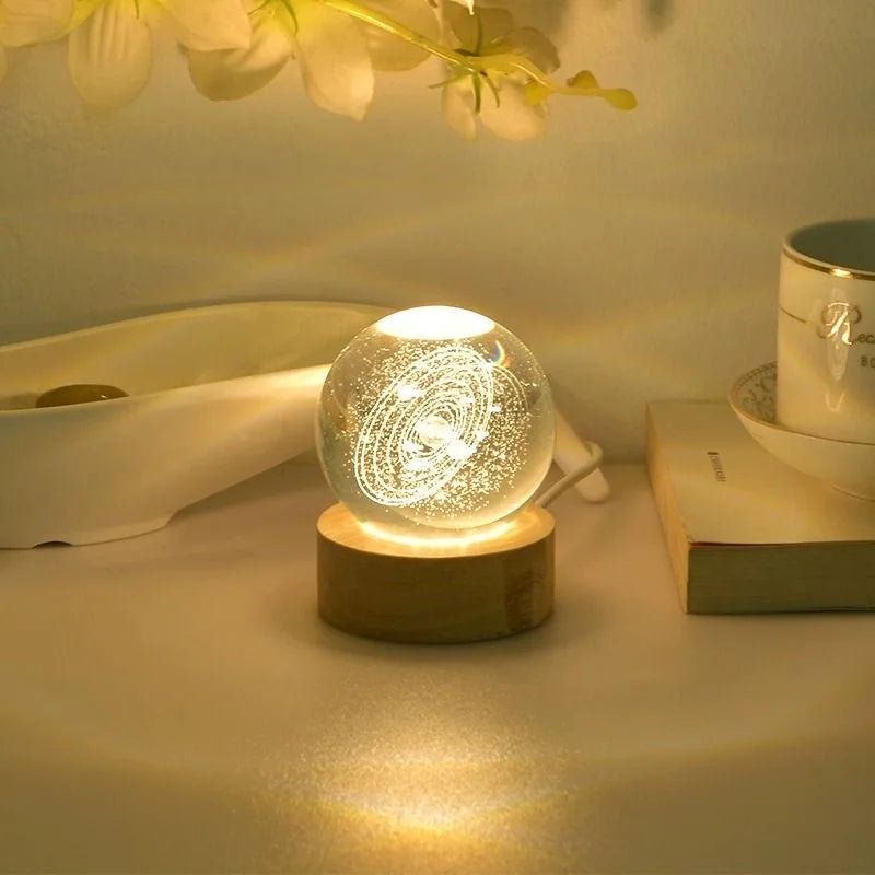 6cm 3D Crystal Ball Glass Planet LED Warm Night Light Laser Engraved Solar System Globe Universe Birthday Gift Wooden Base