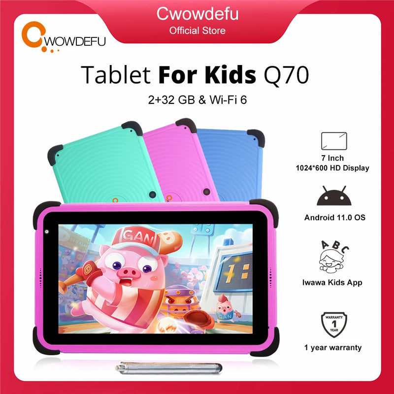 CWOWDEFU 7" Kids Tablet Android 11 2GB 32GB Quad Core WIFI6 Google Play Children Tablets for Kiddies Educational Gift 3000mAh Q7