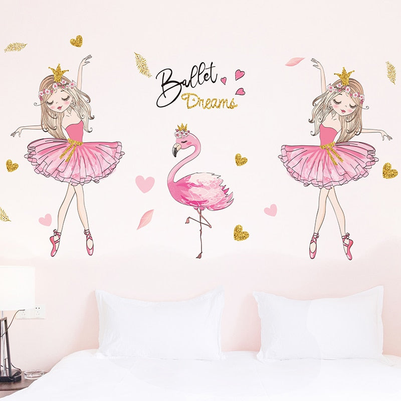 Pink Tree Leaves Wall Stickers Decor DIY Ballet Girl Flamingo Wall Decals for Kids Bedroom Baby Rooms Nursery Home Decoration