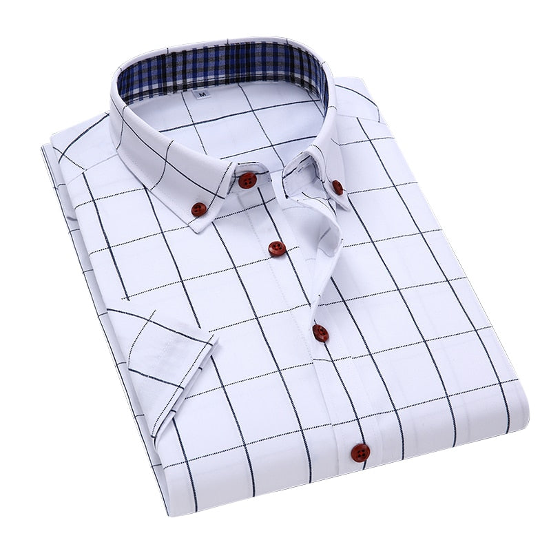 BROWON Men's Shirts Short Sleeve Plaid Shirt Slim Casual Button Up Shirt Dress Shirts Men Cotton Big Size Men Clothing