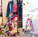 Pleated Skirt Women New  Print Cartoon Pattern  Elastic Women Skirts Big Swing Party Holiday High Waist Skirts