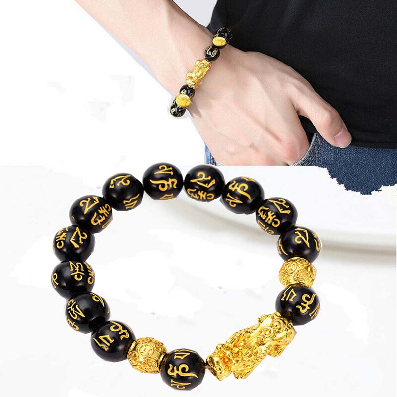 Obsidian Stone Beads Bracelet Pixiu Bring  Wealth Good Luck Feng Shui Chinese Beast Wristband Gold Pixiu Men Women Bracelet