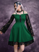 Goth Dark Gothic Aesthetic Vintage Women Dresses Grunge Lace Patchwork Flare Sleeve Black A-line Dress Punk Partywear