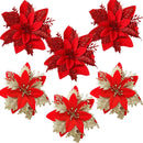 10PCS Christmas Flowers Red Gold Bling Flower Heads For Noel Home Tree Decorations Navidad Party Table Setting Decor Supplies