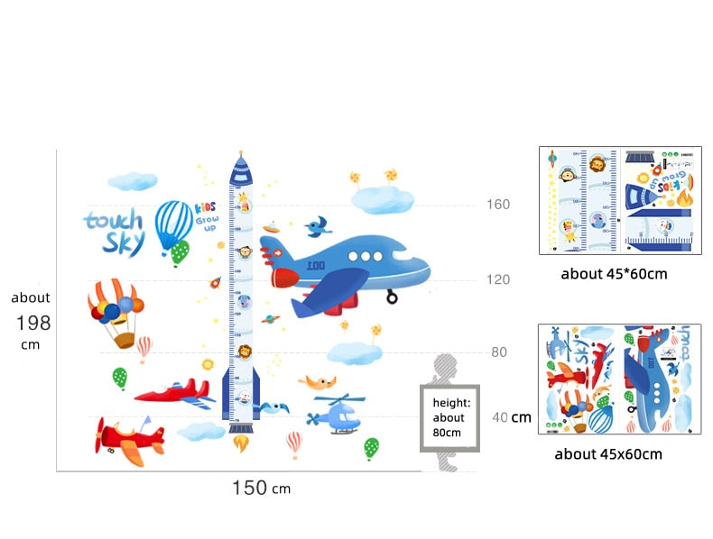 Cartoon Rocket Height Measure Wall Stickers DIY Airplane Clouds Mural Decals for Kids Rooms Baby Bedroom Nursery Home Decoration