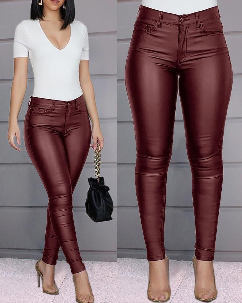 Solid Buttoned Casual Coated PU Pants Women Skinny Pencil Pants