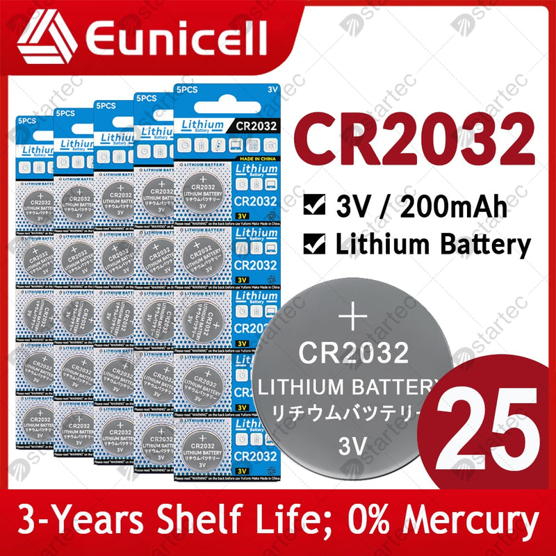 EUNICELL 5PCS-25PCS 200mAh CR2032 Cell Coin Button Batteries CR 2032 5004LC DL2032 3V Lithium Battery For Watch Toys Car Remote