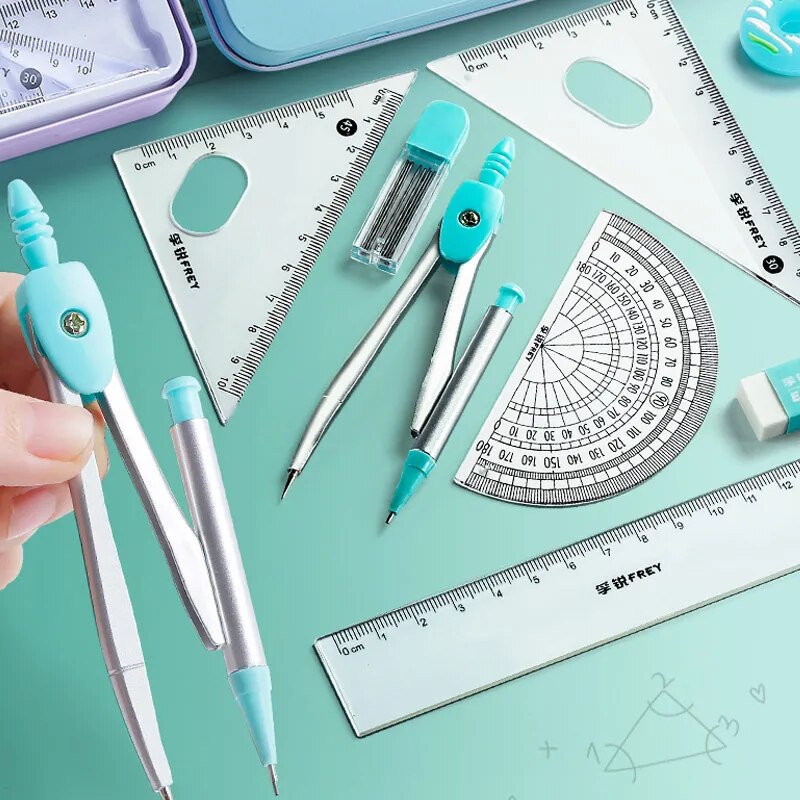7pcs Mathematical Set Compass Lead Straight Ruler Combination for Students School Supplies Cute Math Drawing Measuring Tool