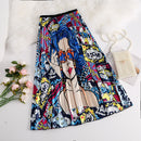 Pleated Skirt Women New  Print Cartoon Pattern  Elastic Women Skirts Big Swing Party Holiday High Waist Skirts
