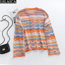 Cardigan Top Women Long Sleeve Single Button Decorated Slim Rainbow Striped Patchwork Women Sweater Fashion