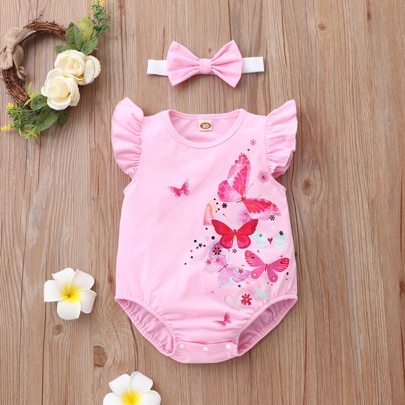 Baby Clothes Butterfly Print Flying Sleeve Cotton Baby Bodysuits+headband Baby Girl Clothes Baby Romper 0-18M