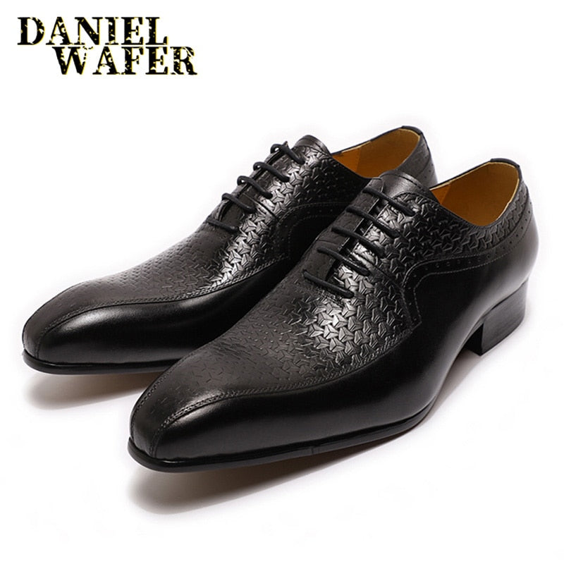 Luxury Brand Men's Oxford Formal Shoes Black Brown Pointed Toe Lace Up Office Business Wedding Genuine Leather Shoes for Men