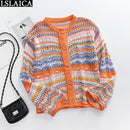 Cardigan Top Women Long Sleeve Single Button Decorated Slim Rainbow Striped Patchwork Women Sweater Fashion