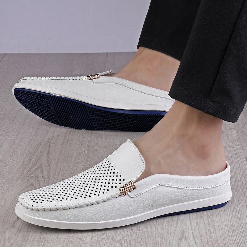 Half Shoes For Men Leather Driving Casual Shoes Backless Men's Loafers Slippers Mules Sandals Slip-On Flats Slides