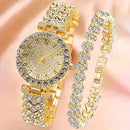 2pcs Elegant Rhinestone Watch Stainless Steel Fashion Minimalist Luxury Full Rhinestone Bracelet Quartz Watch Gifts For Eid