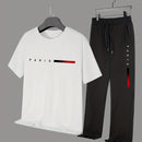 Men's Casual Sports Two-Piece Set Short Sleeve Top Straight Leg Pants with Paris Print, Fashionable And Trendy, Ideal for Summer, Parties, Casual Outings, And Everyday Wear, Everyday Wear|Short Sleeve Top|Print Trousers