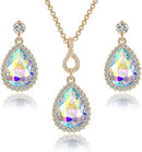Austrian Crystals Teardrop Pendant Necklace Earrings for Women 14K Gold Plated Hypoallergenic Jewelry Set