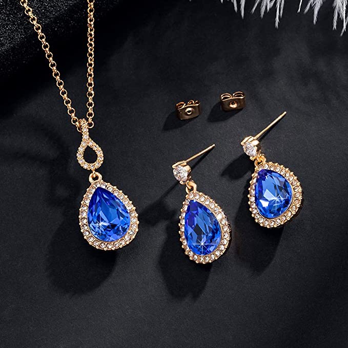 Austrian Crystals Teardrop Pendant Necklace Earrings for Women 14K Gold Plated Hypoallergenic Jewelry Set