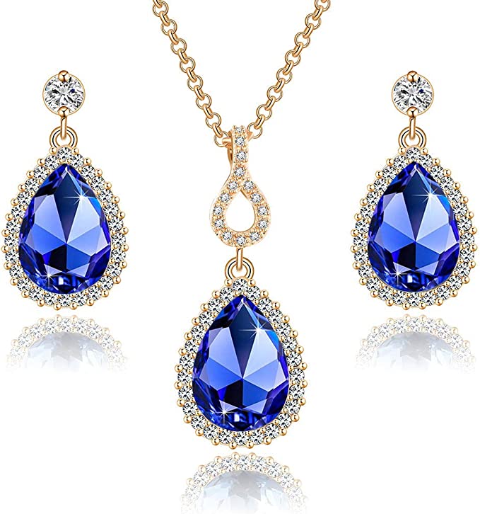 Austrian Crystals Teardrop Pendant Necklace Earrings for Women 14K Gold Plated Hypoallergenic Jewelry Set