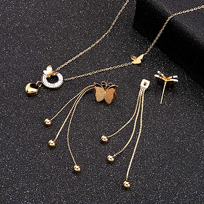 Stainless Steel Butterfly Necklace Earrings Set for Women 14K Gold Plated Hypoallergenic Jewelry Sets