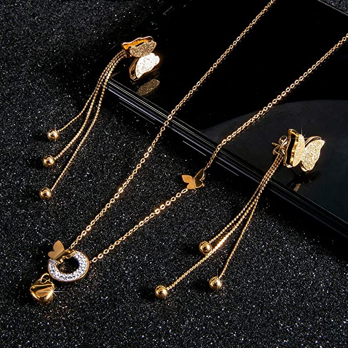 Stainless Steel Butterfly Necklace Earrings Set for Women 14K Gold Plated Hypoallergenic Jewelry Sets