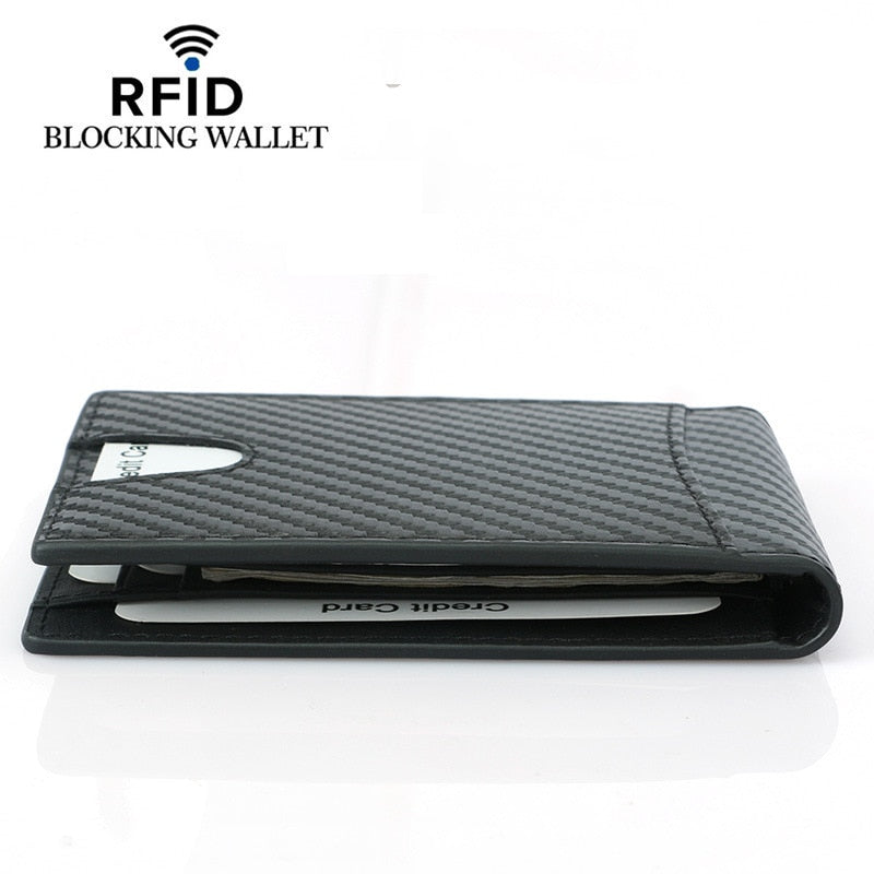 New RFID Blocking Slim Carbon Fiber Leather Wallet With A Clip Men ID Card Holder Front Pocket Bifold Male Metal Clamp For Money