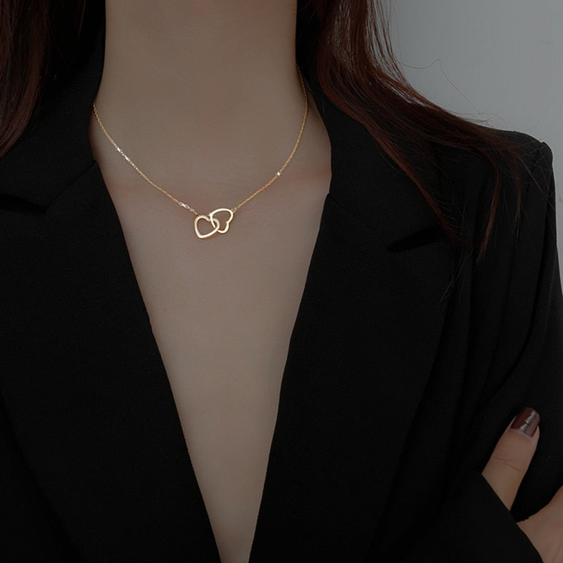 XIYANIKE Silver Color  New Love Double Heart-shaped Connected Hollow Pendant Necklace Light Luxury Female Clavicle Chain