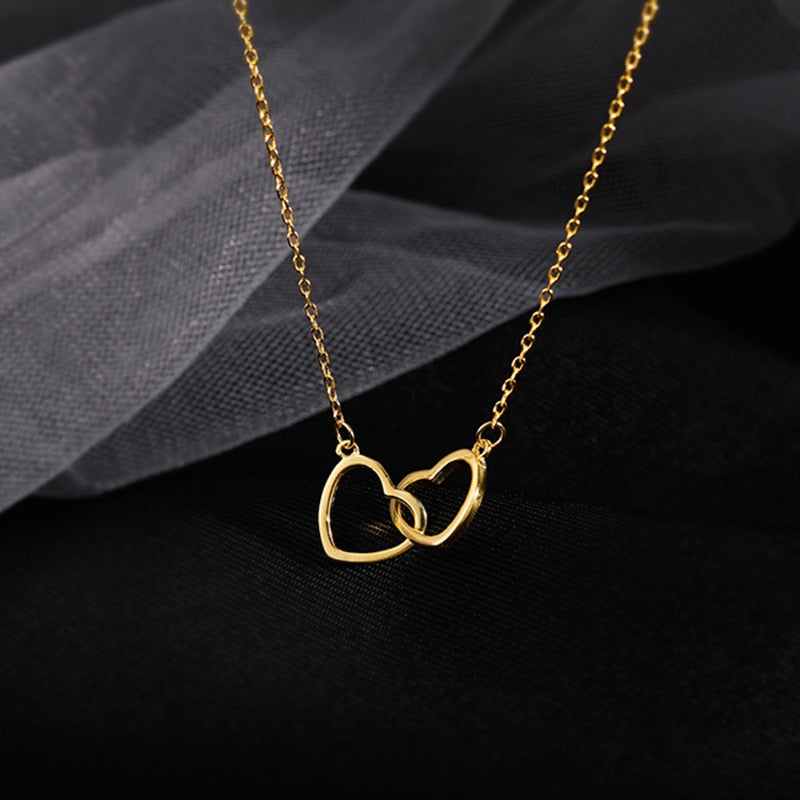 XIYANIKE Silver Color  New Love Double Heart-shaped Connected Hollow Pendant Necklace Light Luxury Female Clavicle Chain