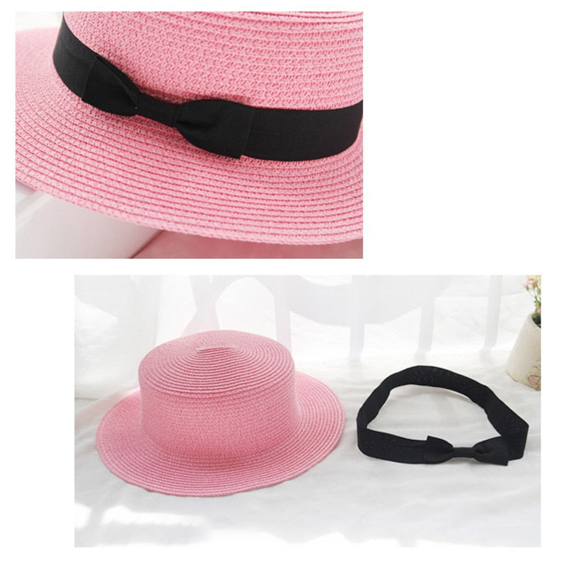 Simple hat ladies casual panama hat ladies brand ladies flat brim bowknot straw hat girl sun hat  cap