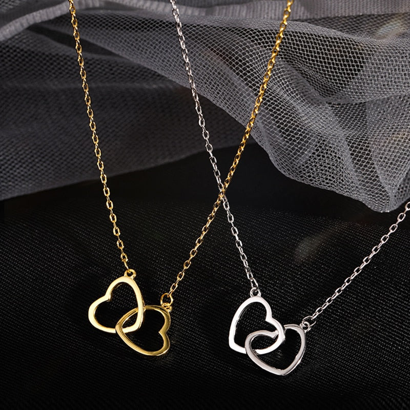 XIYANIKE Silver Color  New Love Double Heart-shaped Connected Hollow Pendant Necklace Light Luxury Female Clavicle Chain