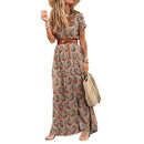 HOT SALE!! Boho Women V Neck Short Sleeve Paisley Print Belt Large Hem Beach Long Dress print beach dress with belt