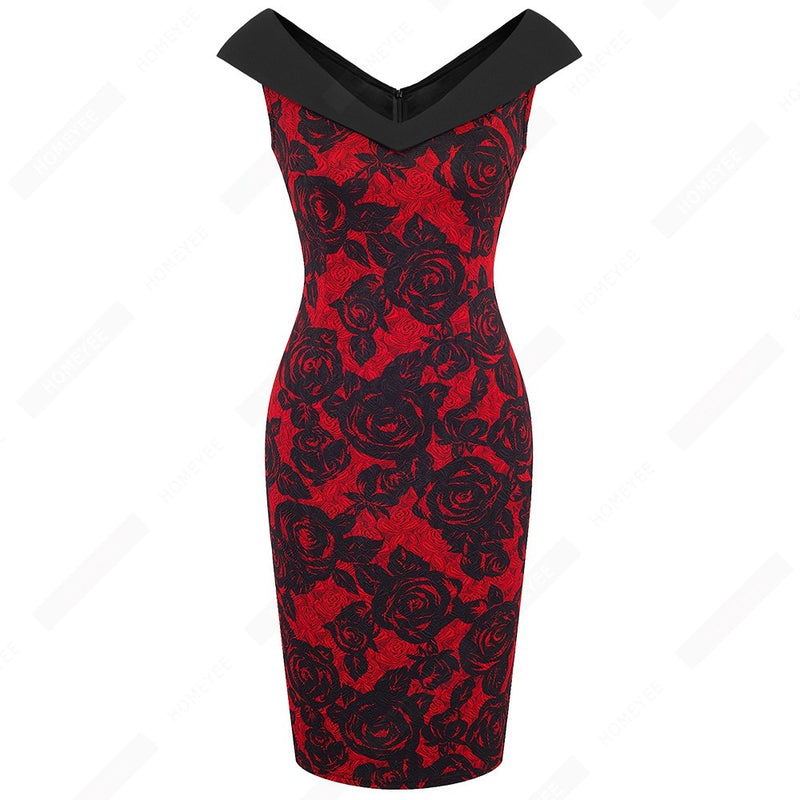 Women Floral Elegant V Neck Sheath Fitted Casual Work Party Sexy Sleeveless Pencil Dress EB425