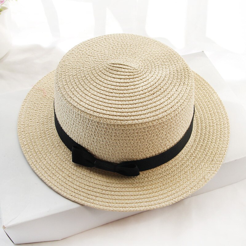 Simple hat ladies casual panama hat ladies brand ladies flat brim bowknot straw hat girl sun hat  cap