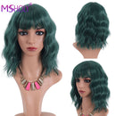 Curly Bob Wig With Bangs Synthetic Red Burgundy Pink Blonde Purple Wig Cosplay Short Bob Natural Wavy Hair Wigs For Women Msholy