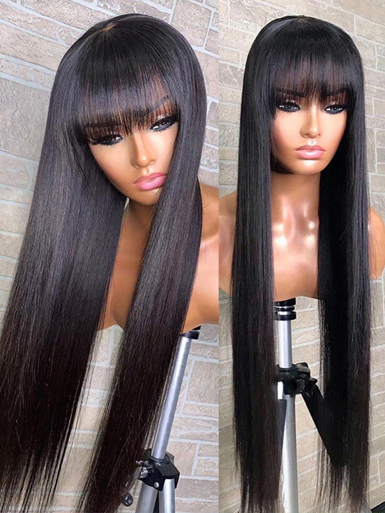 Human Hair Wigs with Bangs Bone Straight Short Bob Hair 100% Cheap Long Fringe Wig Human Hair For Black Women Brazilian Remy Wig