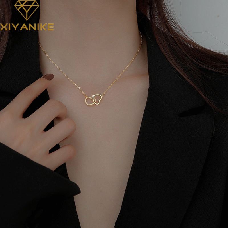 XIYANIKE Silver Color  New Love Double Heart-shaped Connected Hollow Pendant Necklace Light Luxury Female Clavicle Chain