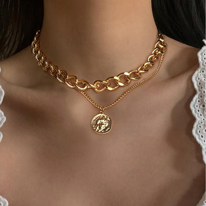 ZOVOLI Punk Gold Color Portrait Coin Pendant Necklace For Women Cuban Multilayered Chunky Thick Chain Necklaces Gothtic Jewelry