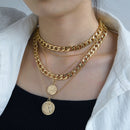 ZOVOLI Punk Gold Color Portrait Coin Pendant Necklace For Women Cuban Multilayered Chunky Thick Chain Necklaces Gothtic Jewelry