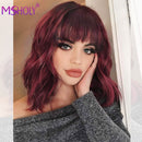 Curly Bob Wig With Bangs Synthetic Red Burgundy Pink Blonde Purple Wig Cosplay Short Bob Natural Wavy Hair Wigs For Women Msholy
