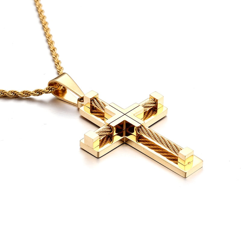 KALEN Hot Stainless Steel Wire Cross Pendant Necklace Men Male Metal Cruz Necklaces Jewelry Accessories