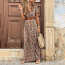 HOT SALE!! Boho Women V Neck Short Sleeve Paisley Print Belt Large Hem Beach Long Dress print beach dress with belt