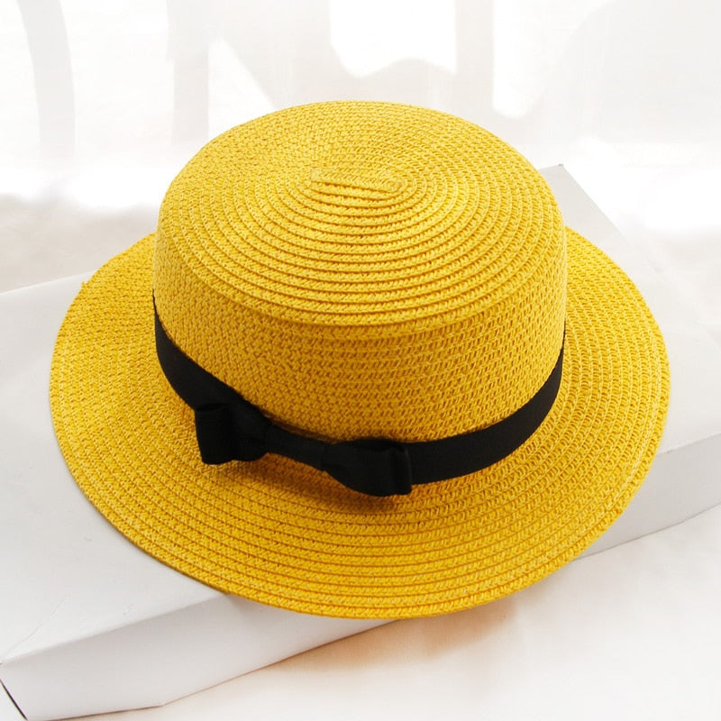 Simple hat ladies casual panama hat ladies brand ladies flat brim bowknot straw hat girl sun hat  cap