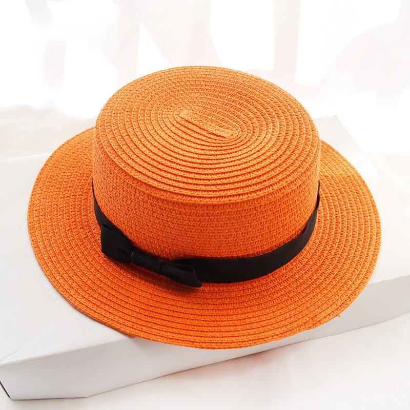 Simple hat ladies casual panama hat ladies brand ladies flat brim bowknot straw hat girl sun hat  cap