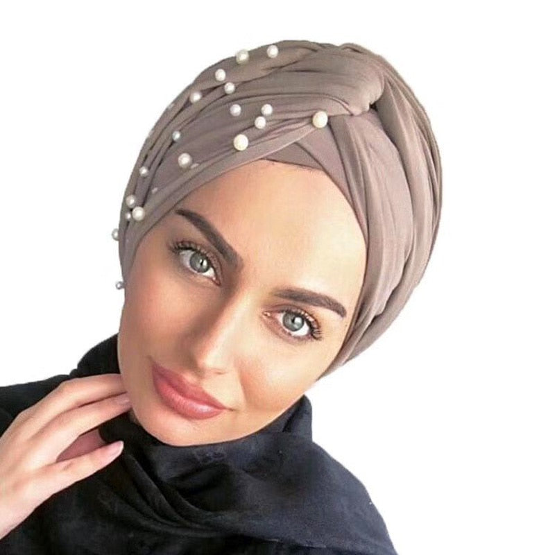 New Muslim Women Pearl Beading Elastic Turban Hat Cancer Cap Head Wrap