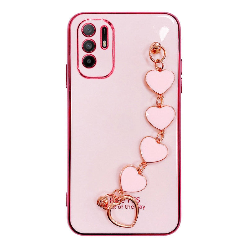 Luxury Love Heart Wrist Chain Phone Case For Xiaomi Redmi Note 10 10S 5G 10T 9 9S 9T 8 8T 7 Pro 9A 9C 8A 7A Plating Bumper Cover