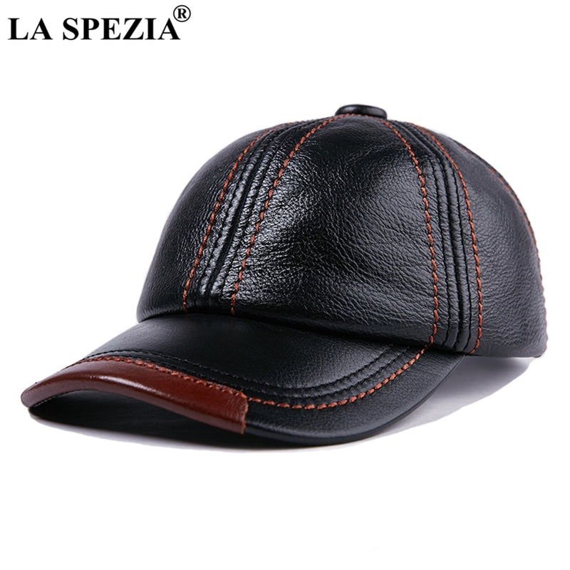 LA SPEZIA Genuine Leather Baseball Cap Men Black Cowhide Hat Snapback Male Adjustable Real Leather Peaked Hats